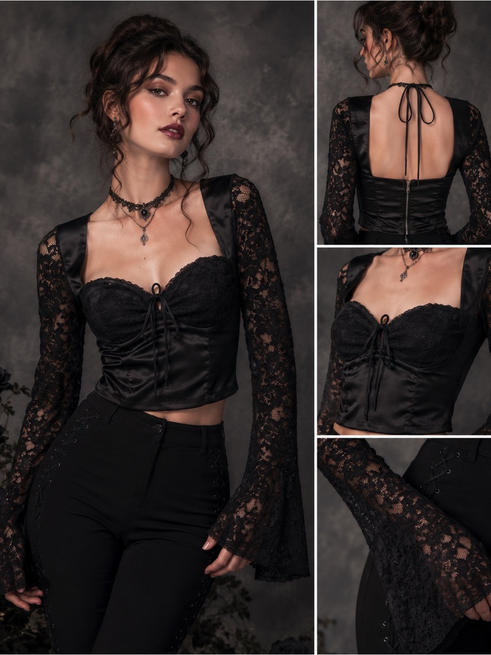 Zara Black Lace Satin Corset Top Size US 2 bell Sleeve Tie Back whimsygoth